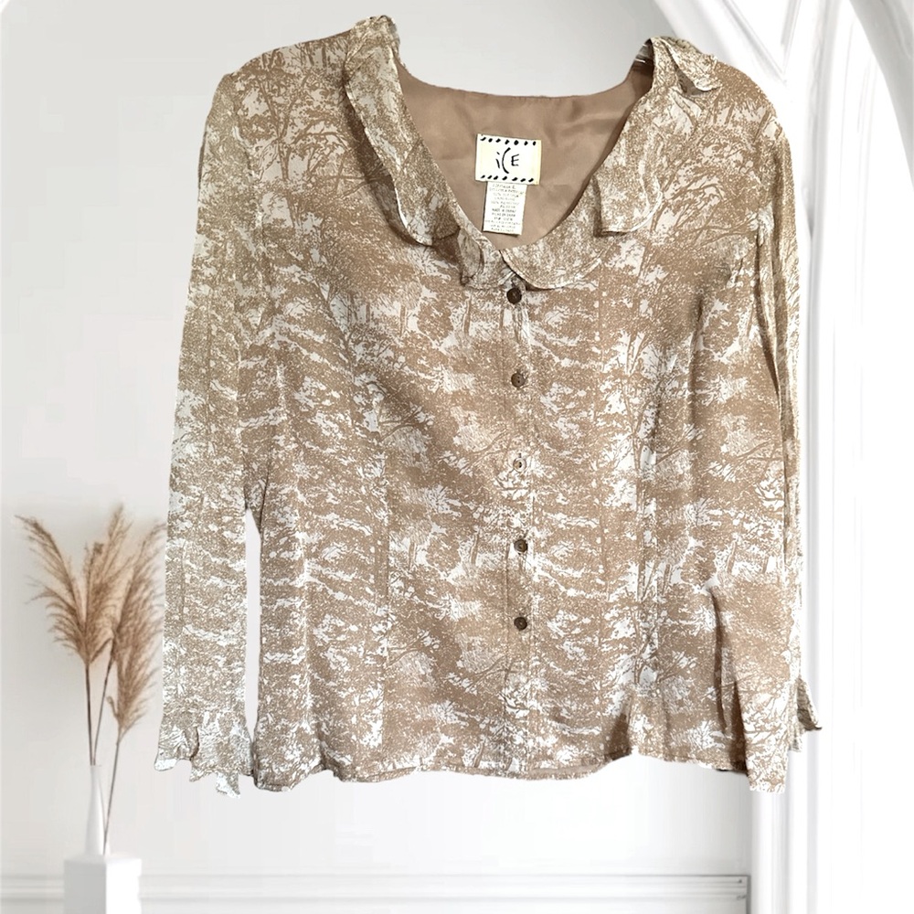 Ice Beige and White Scenic Print Ruffle-Collar Blouse